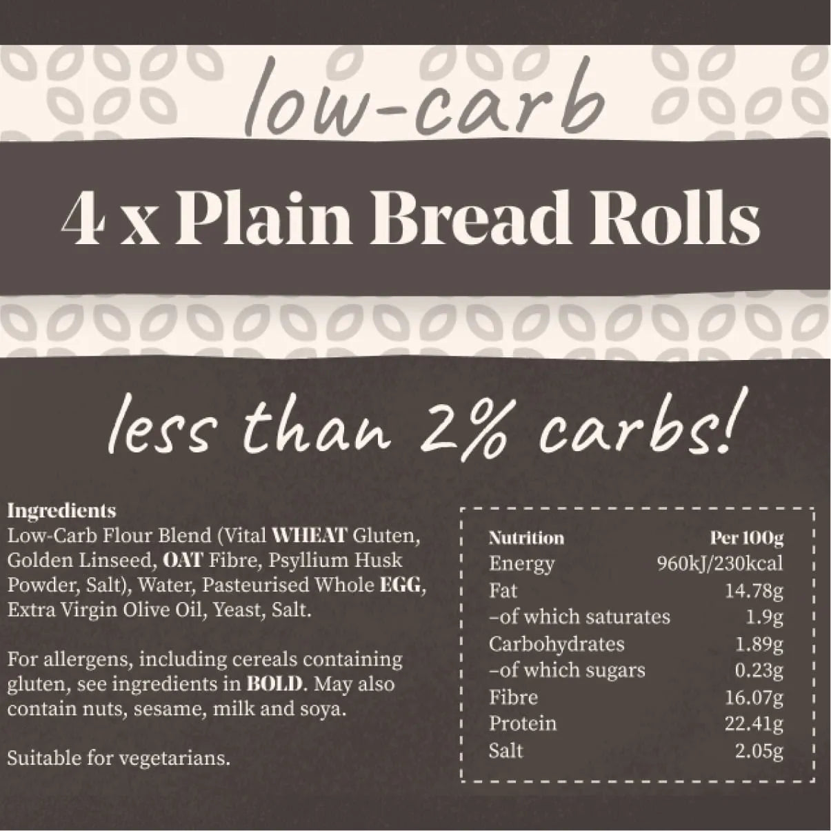 Brown packaging with "low-carb 4 x Plain Bread Rolls less than 2% carbs!" text and nutritional info.