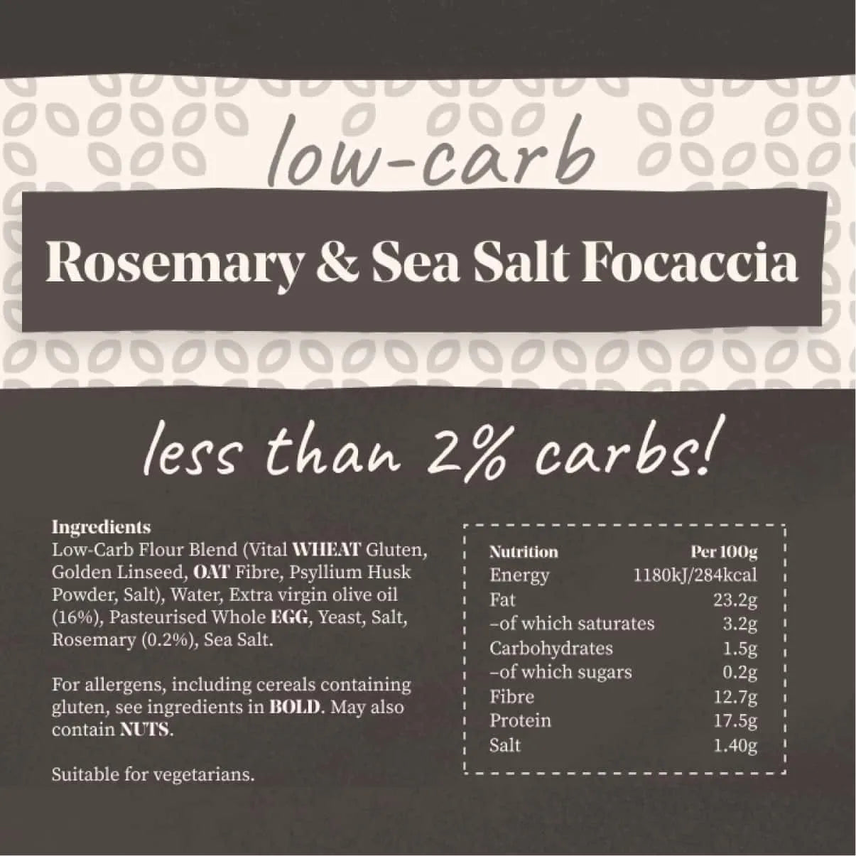Product label for low-carb rosemary & sea salt focaccia, showing ingredients and nutrition facts.