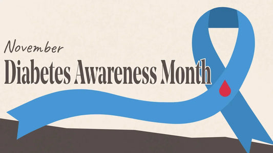 Blue ribbon with a red blood drop, symbolizing Diabetes Awareness Month in November.
