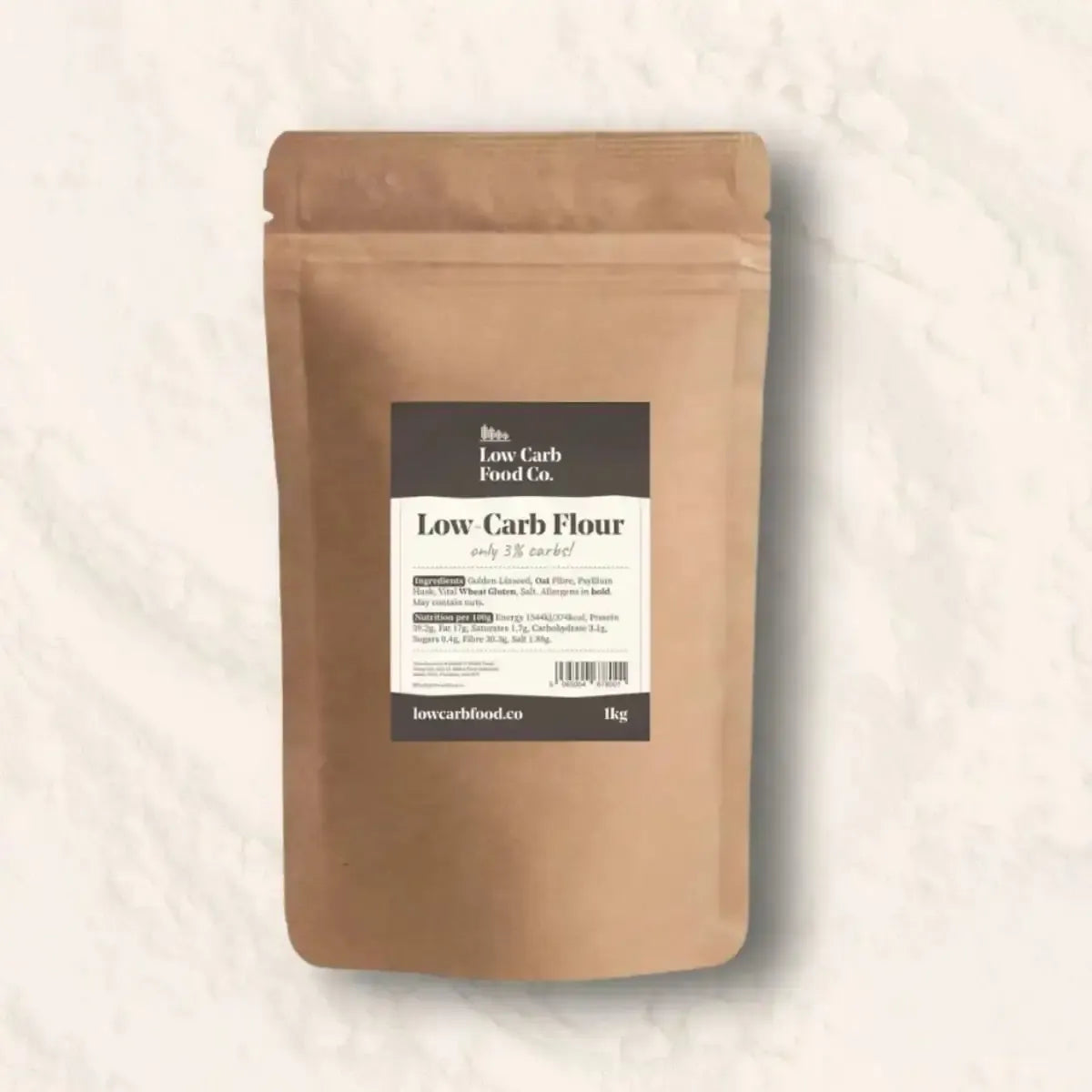 Brown kraft paper pouch of Low Carb Flour with black label, 1kg.