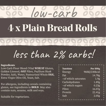 Brown packaging with "low-carb 4 x Plain Bread Rolls less than 2% carbs!" text and nutritional info.