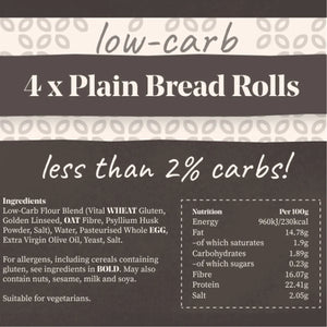 Brown packaging with "low-carb 4 x Plain Bread Rolls less than 2% carbs!" text and nutritional info.