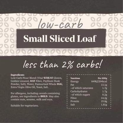 Packaging for a "low-carb Small Sliced Loaf" with ingredients and nutrition facts.