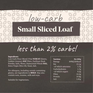 Packaging for a "low-carb Small Sliced Loaf" with ingredients and nutrition facts.