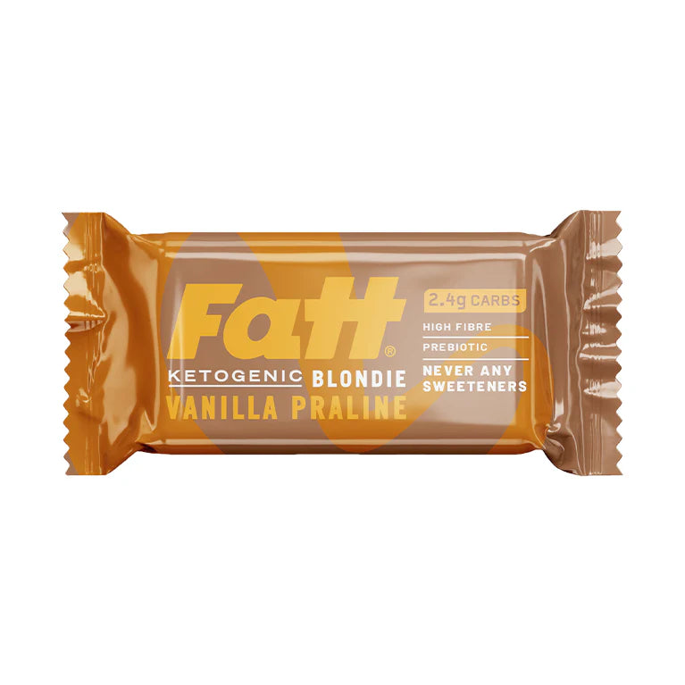 Fatt Ketogenic Vanilla Praline Blondie bar, 40g, in a brown and orange wrapper with product details.
