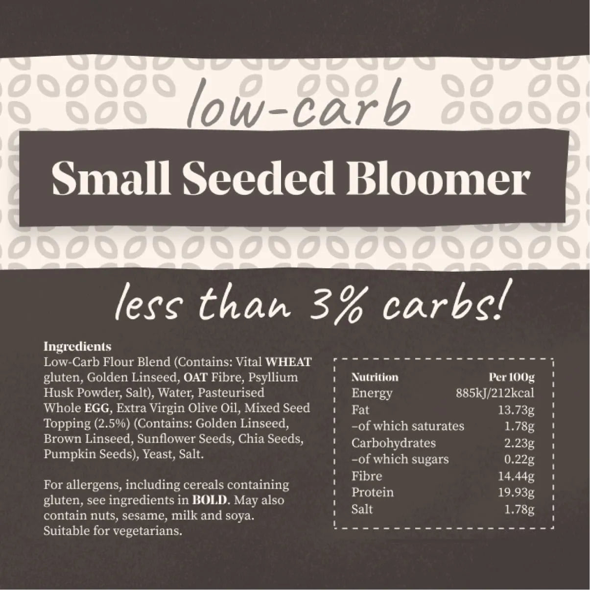 Low-carb Small Seeded Bloomer bread label with ingredients and nutrition facts, less than 3% carbs.
