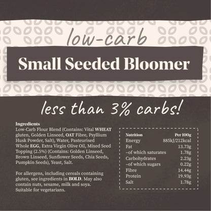 Low-carb Small Seeded Bloomer bread label with ingredients and nutrition facts, less than 3% carbs.