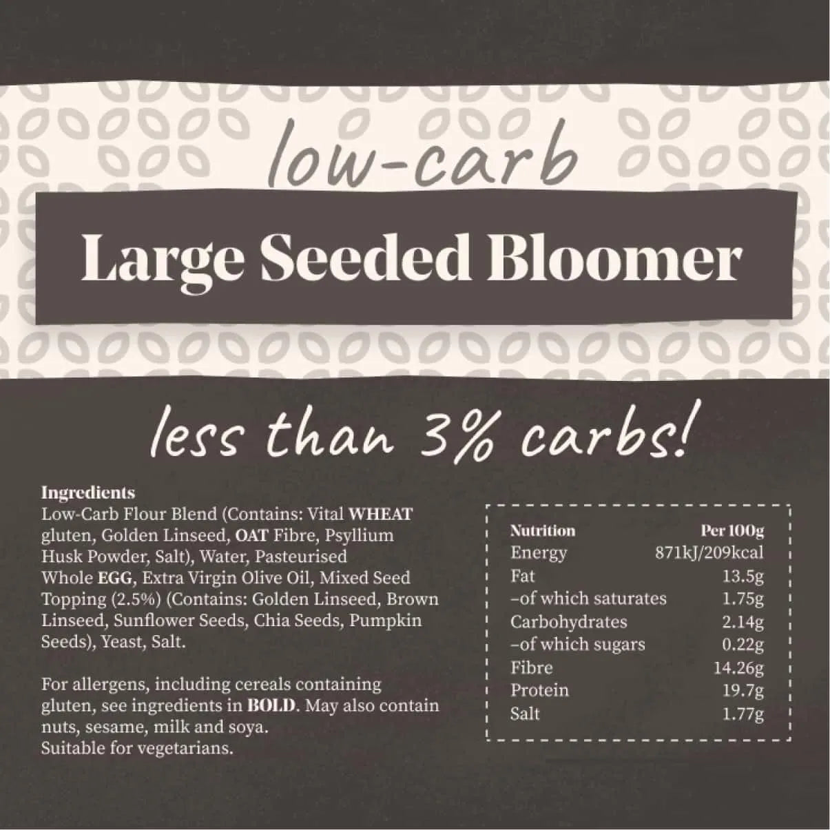 Low-carb Large Seeded Bloomer bread label with ingredients and nutrition facts, showing less than 3% carbs.
