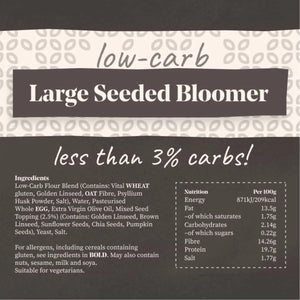 Low-carb Large Seeded Bloomer bread label with ingredients and nutrition facts, showing less than 3% carbs.