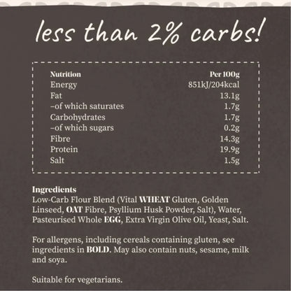Nutrition label for a low-carb keto baguette, showing ingredients and per 100g values.