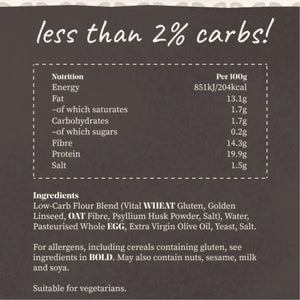 Nutrition label for a low-carb keto baguette, showing ingredients and per 100g values.
