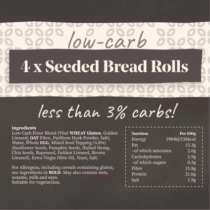 Product label for 4x seeded low-carb bread rolls, detailing ingredients and nutrition facts.