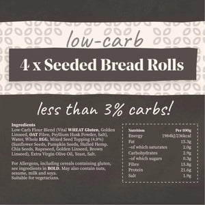 Product label for 4x seeded low-carb bread rolls, detailing ingredients and nutrition facts.