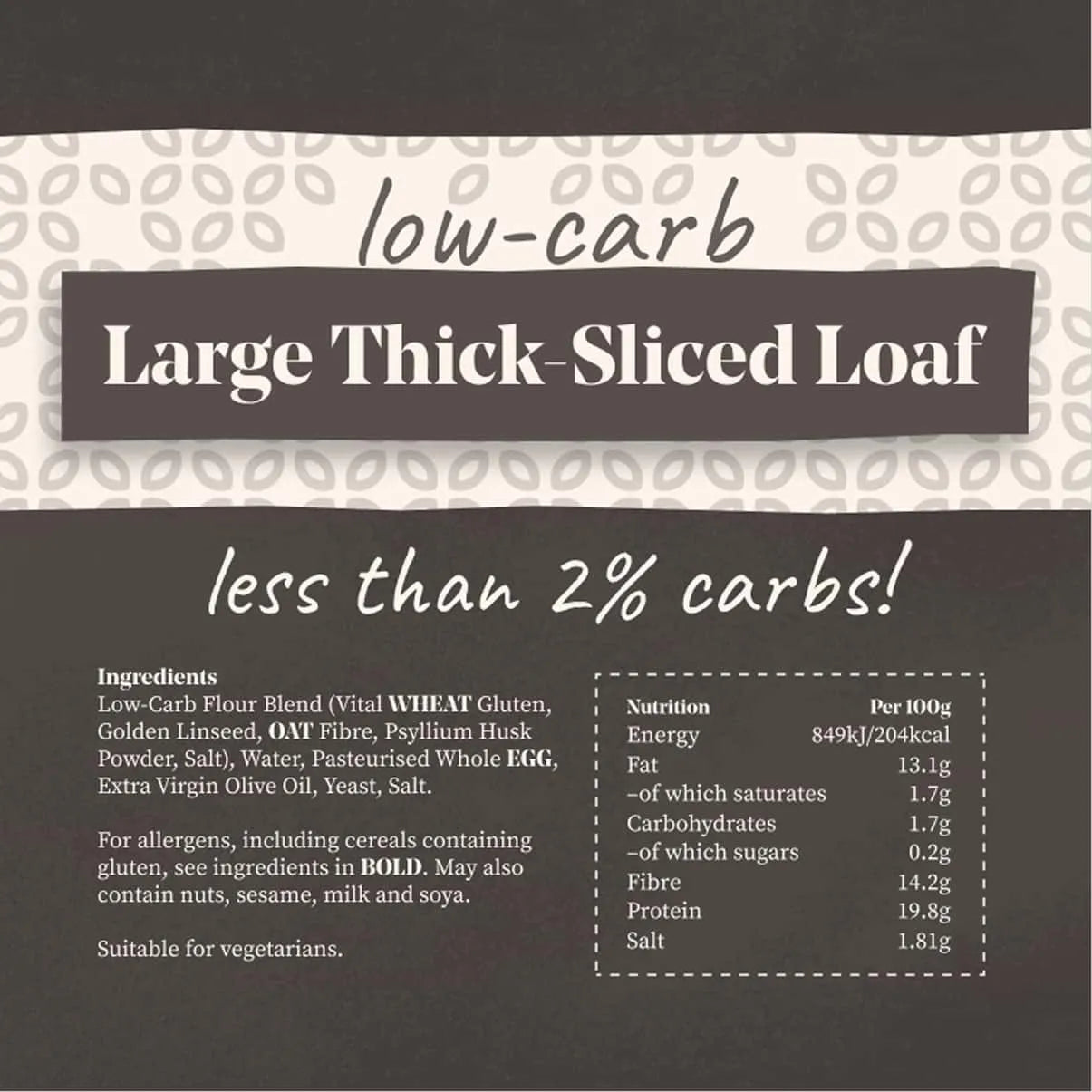 Low-carb, large, thick-sliced loaf with "less than 2% carbs!" text, ingredients, and nutrition facts.