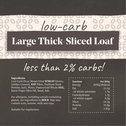 Low-carb, large, thick-sliced loaf with "less than 2% carbs!" text, ingredients, and nutrition facts.