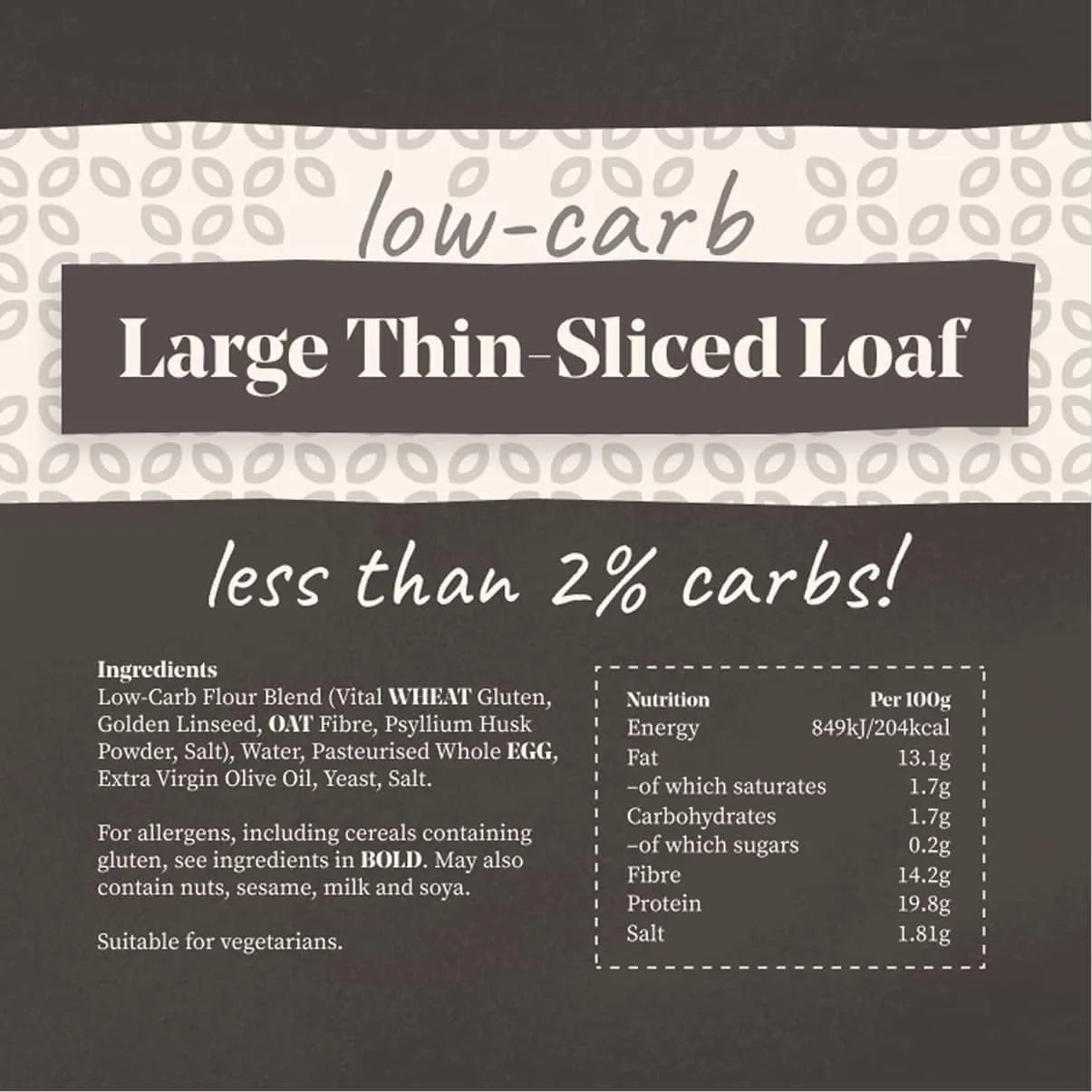 Brown low-carb, large, thin-sliced loaf bread with "less than 2% carbs!" text and nutritional info.