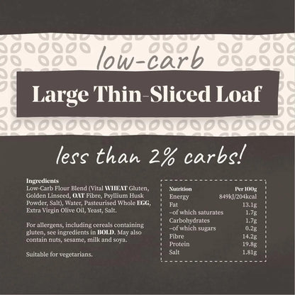 Brown low-carb, large, thin-sliced loaf bread with "less than 2% carbs!" text and nutritional info.