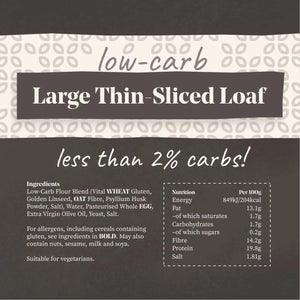 Brown low-carb, large, thin-sliced loaf bread with "less than 2% carbs!" text and nutritional info.
