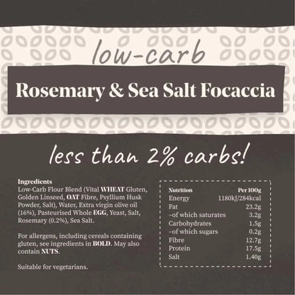 Product label for low-carb rosemary & sea salt focaccia, showing ingredients and nutrition facts.